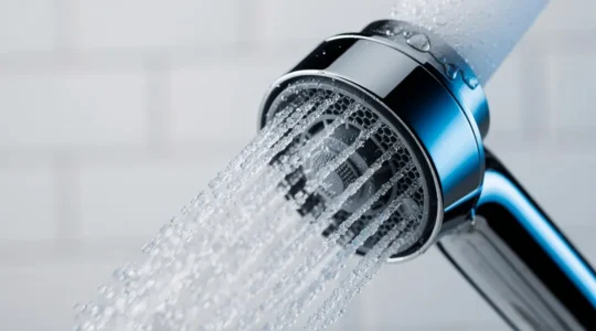 Vista ravvicinata di un aeratore cromato montato su rubinetto da cucina con getto d'acqua aerato visibile