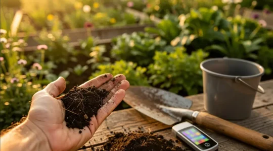 Analisi del terreno del giardino con strumenti per test pH e drenaggio