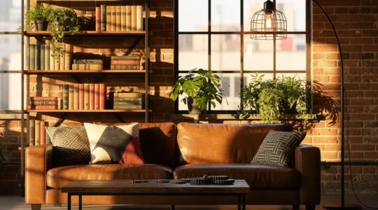 Salotto moderno con divano in pelle marrone, tavolino in metallo nero e legno grezzo, lampada ad arco industriale