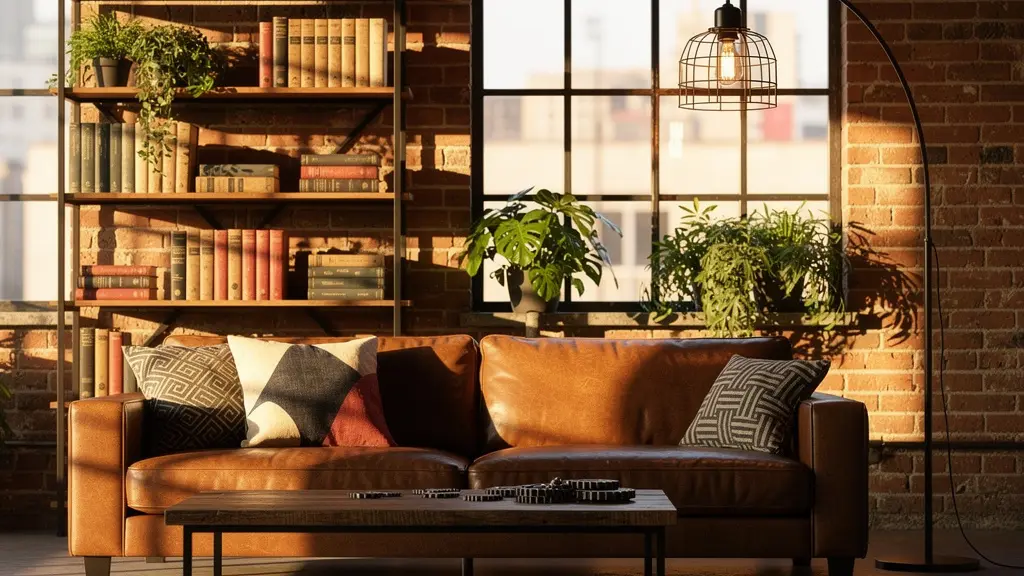 Salotto moderno con divano in pelle marrone, tavolino in metallo nero e legno grezzo, lampada ad arco industriale