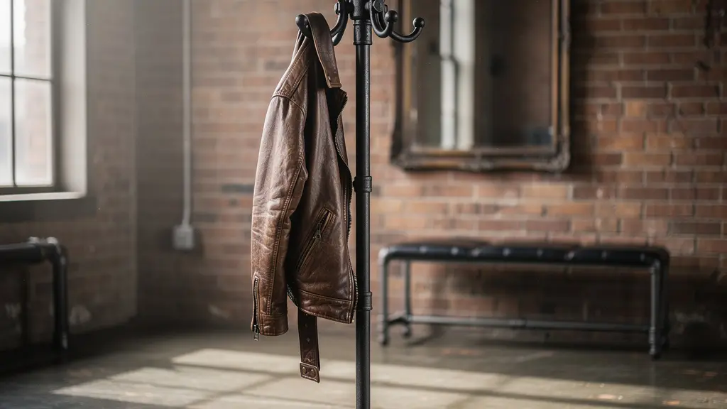 Appendiabiti in tubi di ferro nero e legno di recupero posizionato nell'ingresso con giacca appesa e specchio vintage