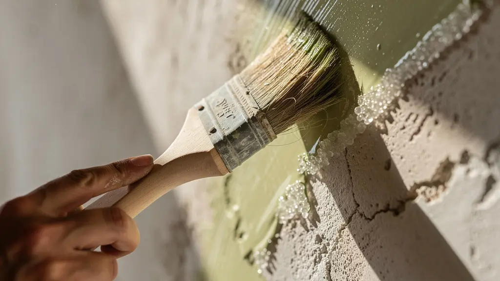 Mano con pennellessa in setole naturali che applica pittura a calce su parete