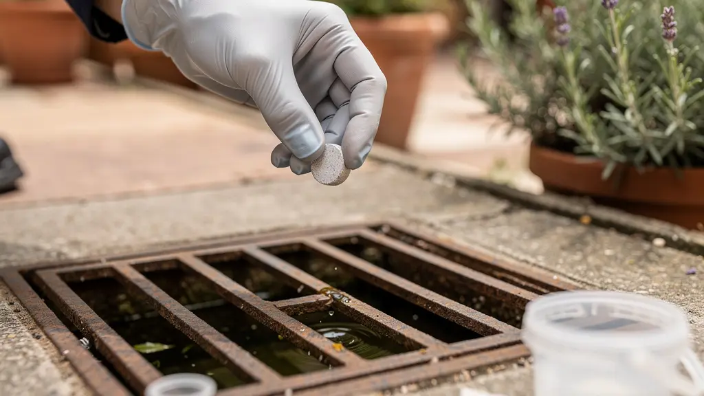 Mano che inserisce compressa di larvicida biologico in un tombino di giardino urbano con acqua stagnante visibile