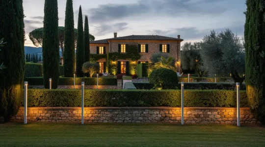 Sistema di barriere perimetrali infrarossi attive che proteggono un giardino italiano con villa