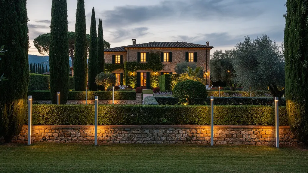 Sistema di barriere perimetrali infrarossi attive che proteggono un giardino italiano con villa