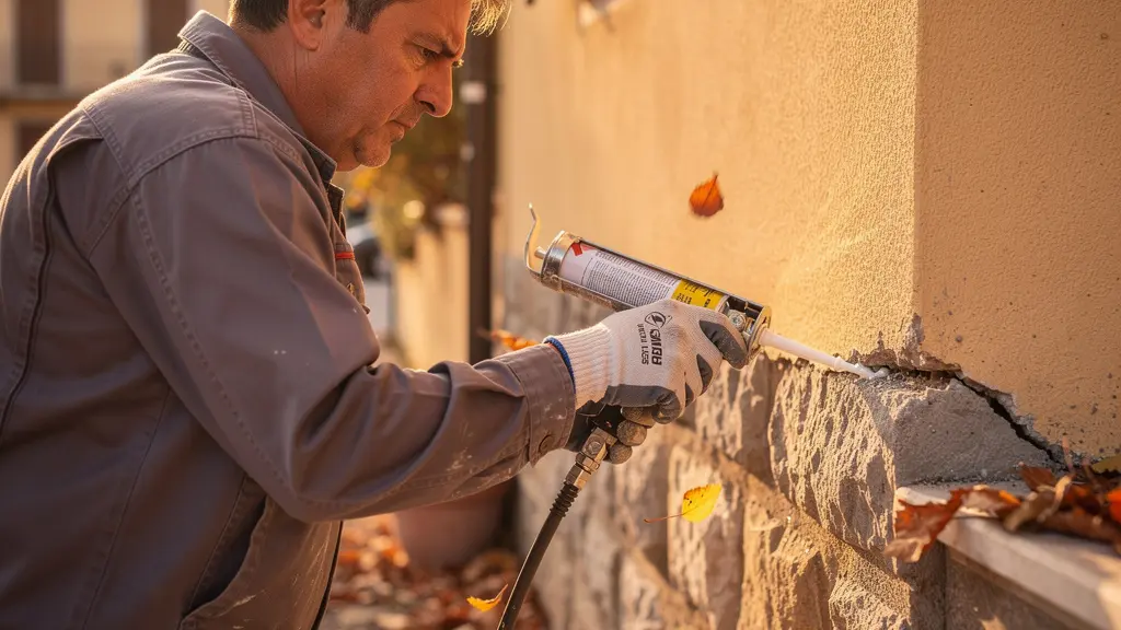 Operaio che applica sigillante su fessure esterne di una casa italiana in autunno