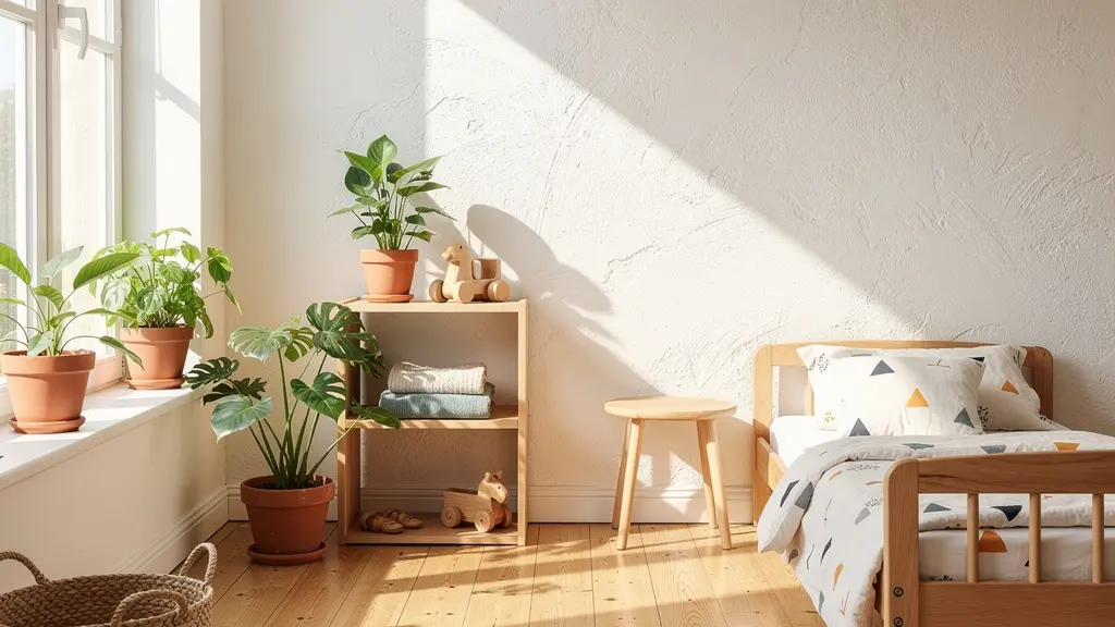 Camera luminosa per bambini con pareti dipinte con pitture naturali a calce