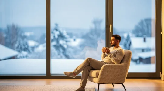 Vista interna di una casa luminosa con nuove finestre a taglio termico installate, ambiente caldo e accogliente in contrasto con l'inverno esterno