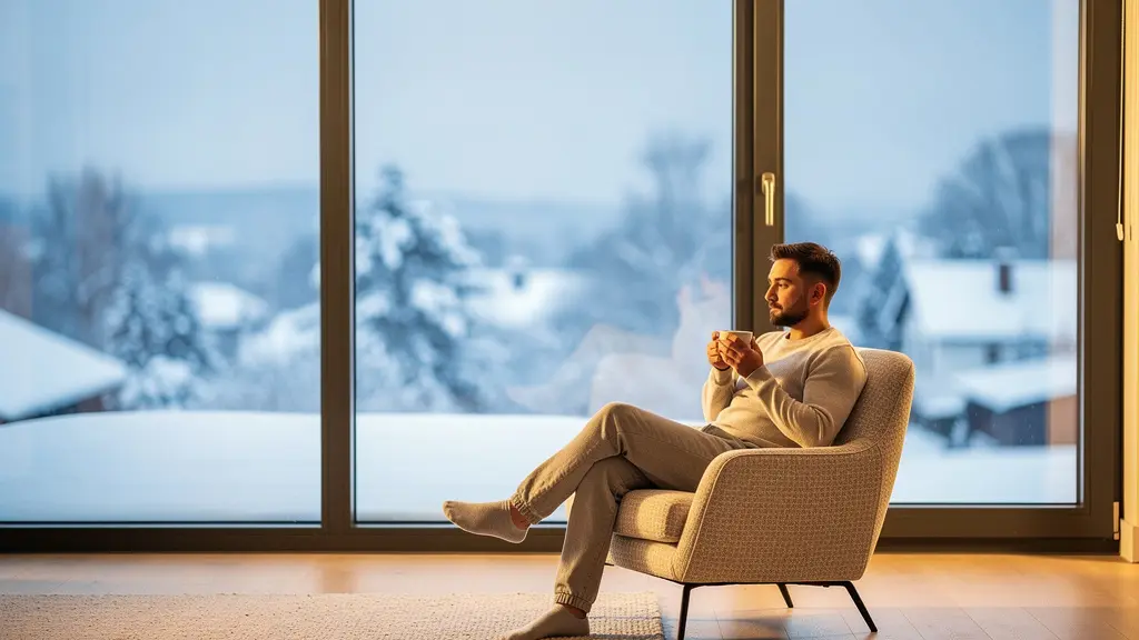 Vista interna di una casa luminosa con nuove finestre a taglio termico installate, ambiente caldo e accogliente in contrasto con l'inverno esterno