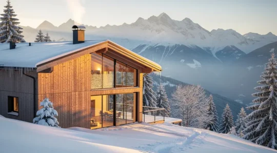 Casa di montagna moderna con sistema di riscaldamento smart controllato da smartphone al tramonto invernale