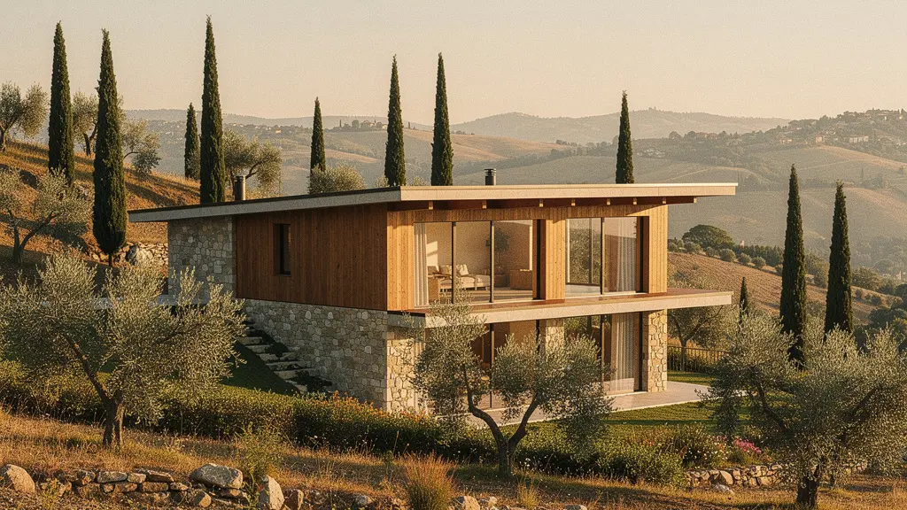 Casa passiva moderna con ampie vetrate rivolte a sud in paesaggio collinare italiano