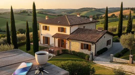Vista panoramica di una seconda casa con sistema di sicurezza smart controllato da smartphone