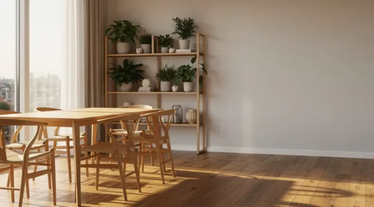 Interno elegante con pavimento in parquet certificato FSC e mobili in legno sostenibile