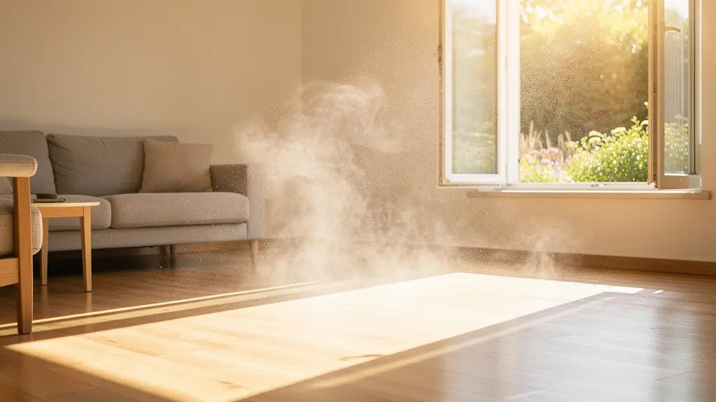 Casa luminosa con finestre aperte, vapore e raggi solari che purificano gli ambienti