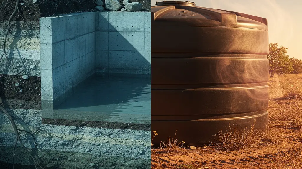 Confronto visivo tra cisterna interrata e serbatoio esterno con indicatori di temperatura