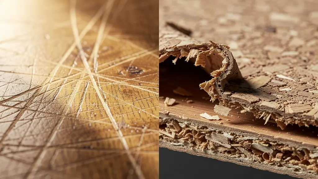 Dettaglio ravvicinato che mostra la differenza tra un graffio su legno massello e uno su truciolare