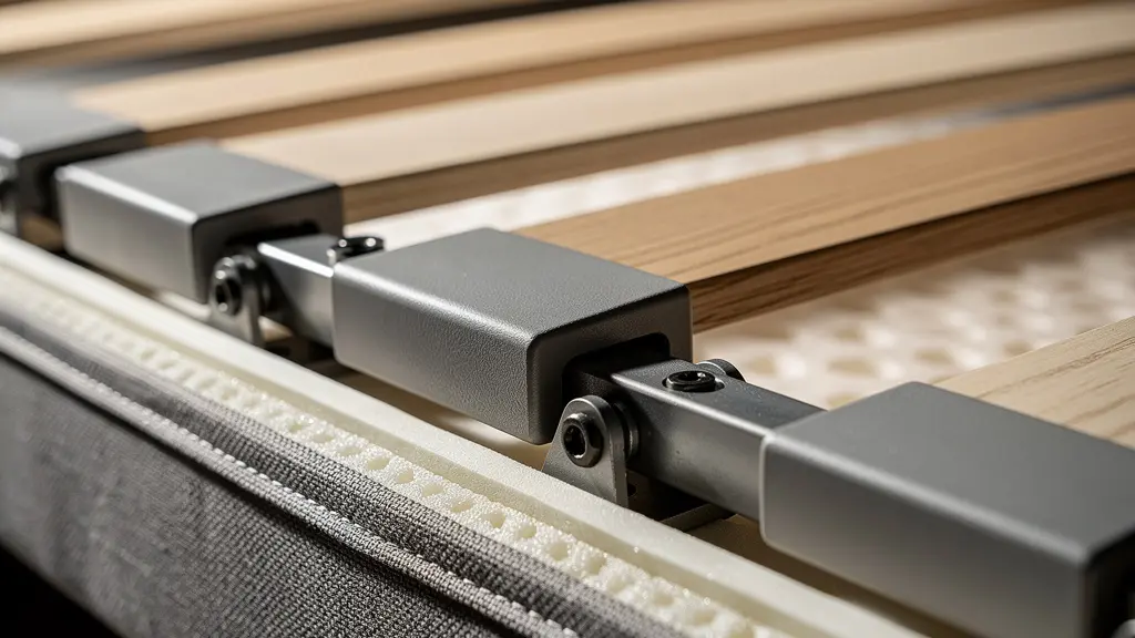 Dettaglio macro della struttura a doghe di un letto a scomparsa che mostra la qualità del supporto ortopedico