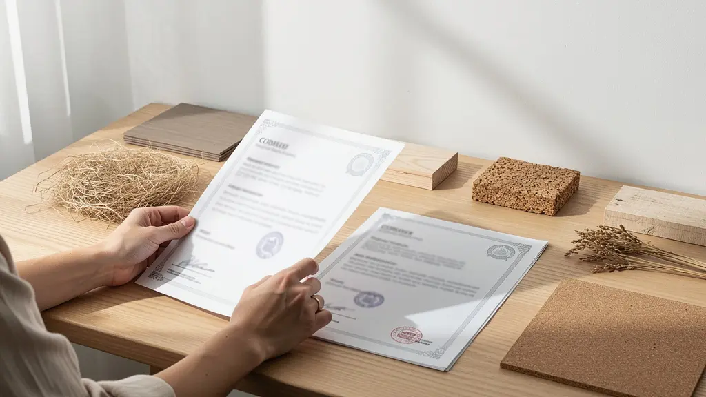 Mani che esaminano documenti di certificazione bioedilizia su tavolo in legno naturale