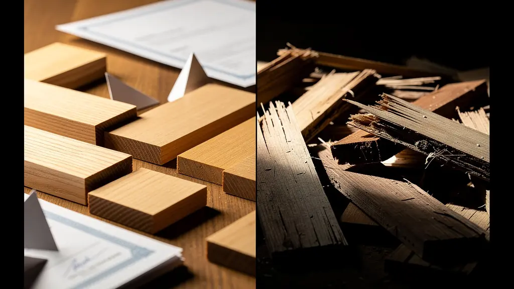 Confronto simbolico tra legno certificato con documenti e legno di origine dubbia