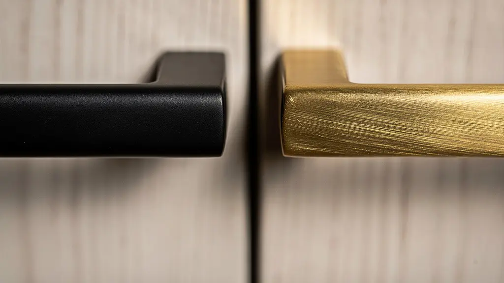 Dettaglio ravvicinato di maniglie nero opaco e ottone spazzolato su ante cucina