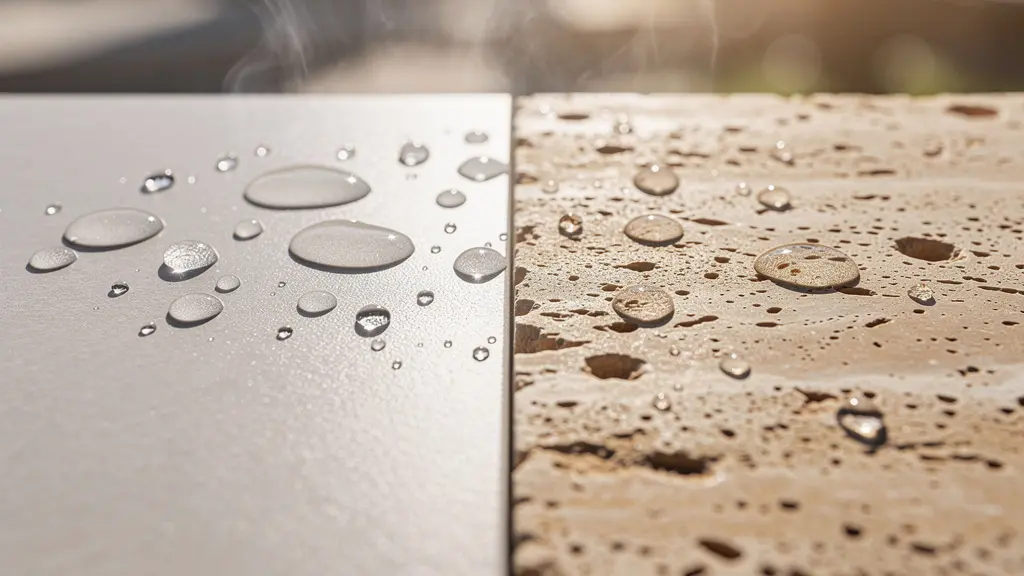 Confronto macro tra superfici di gres porcellanato e pietra naturale sotto il sole estivo