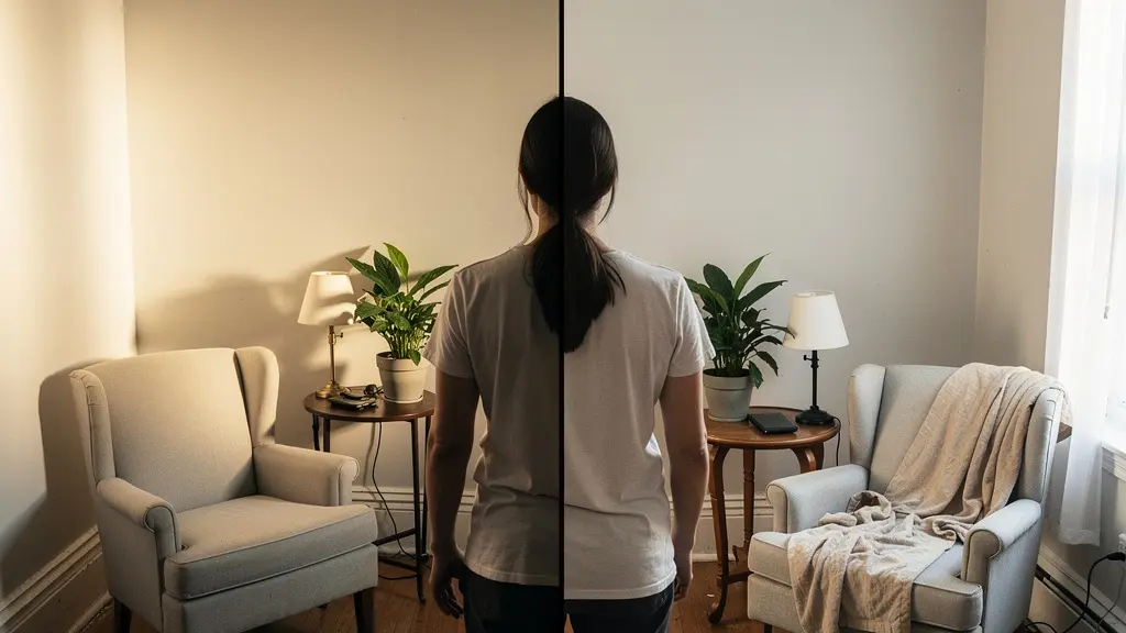 Stessa stanza fotografata con obiettivo normale vs grandangolare mostrando le distorsioni prospettiche