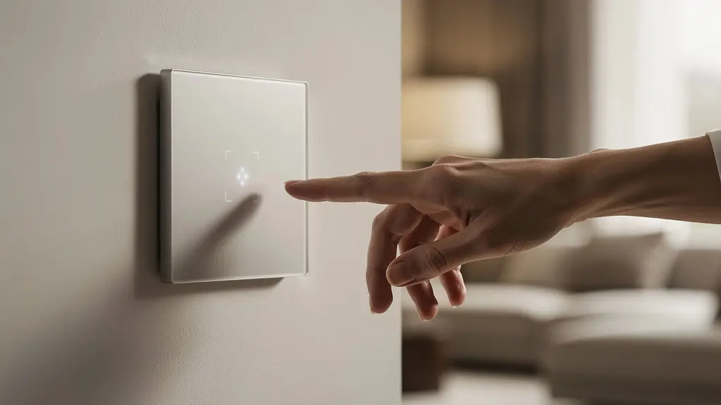 Mano che tocca elegantemente un interruttore smart a parete con riflessi luminosi sfocati