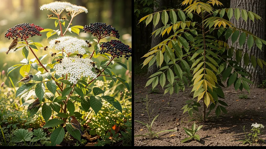Confronto fotografico tra sambuco comune e ailanto invasivo con dettagli delle foglie