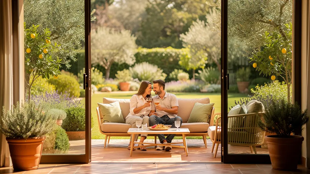Vista dal salotto verso il giardino con continuità visiva attraverso ampie vetrate