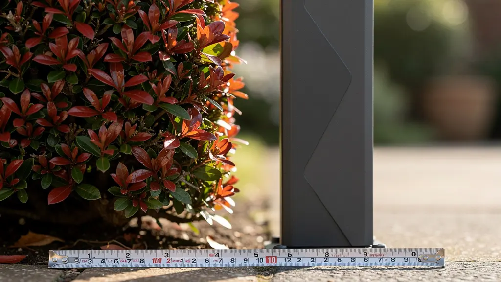 Vista laterale di siepe potata con distanza di sicurezza da colonne infrarossi