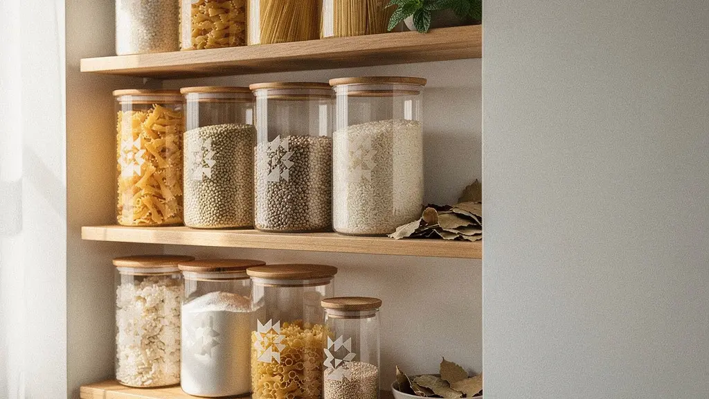 Dispensa organizzata con contenitori ermetici per proteggere pasta e cereali