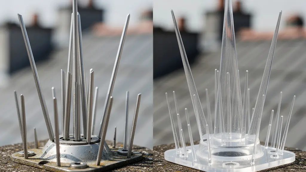 Confronto ravvicinato tra dissuasori in acciaio AISI 316 e policarbonato con trattamento anti-UV