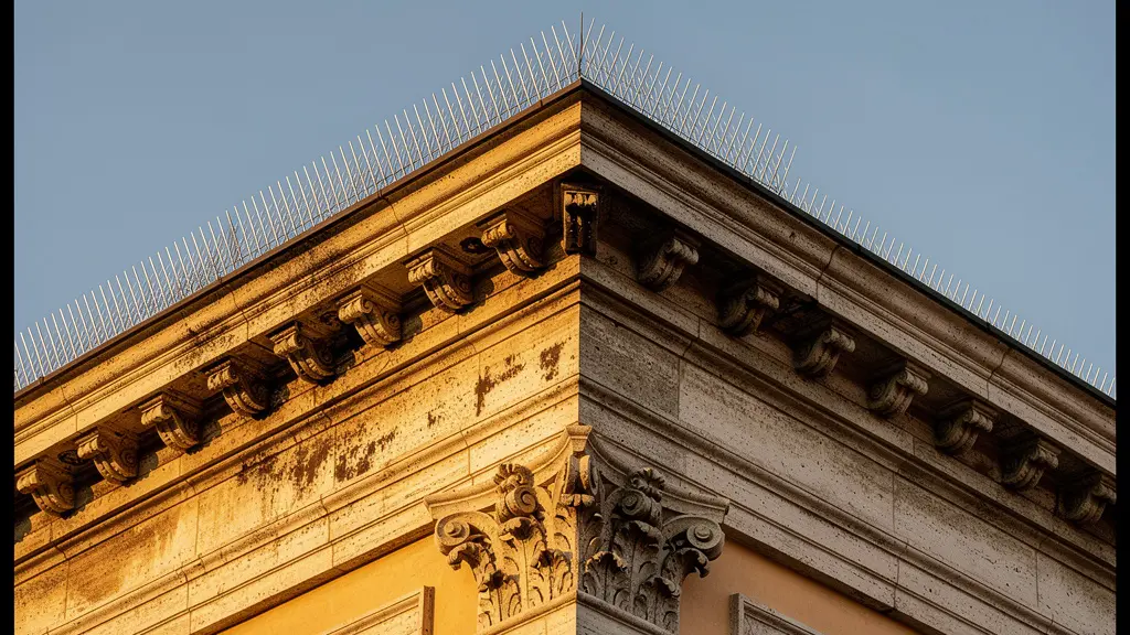 Cornicione con dissuasori a spillo in acciaio inox installati per proteggere la facciata dai piccioni