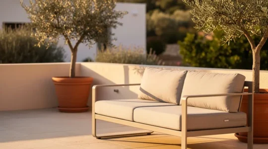 Divano da esterno elegante in un giardino mediterraneo con cuscini acrilici e struttura in alluminio