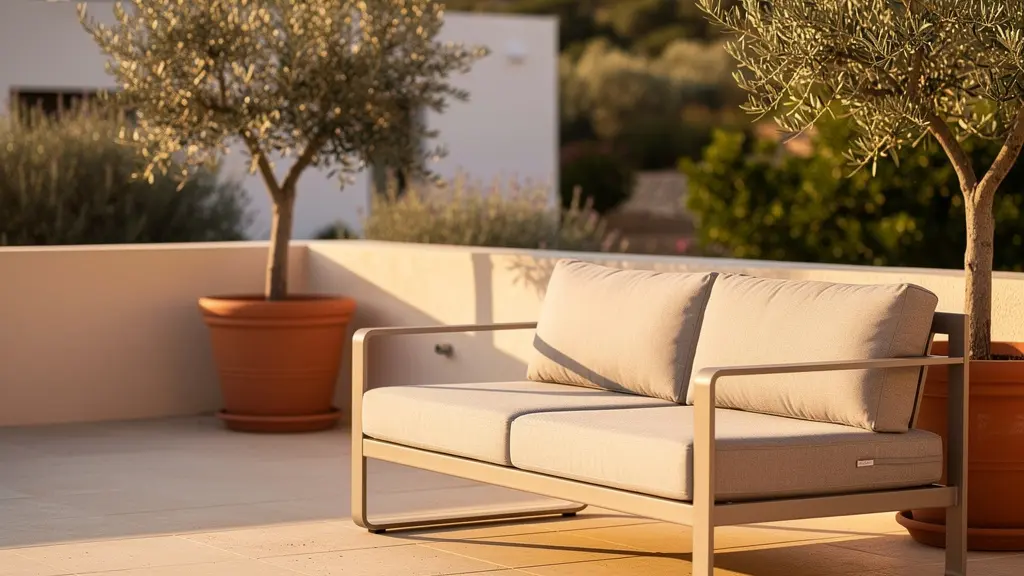 Divano da esterno elegante in un giardino mediterraneo con cuscini acrilici e struttura in alluminio