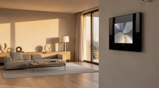 Sistema di sicurezza domotica con sensori avanzati e controllo centralizzato in salotto moderno