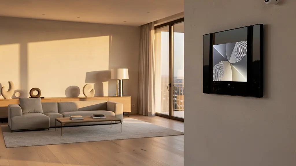 Sistema di sicurezza domotica con sensori avanzati e controllo centralizzato in salotto moderno