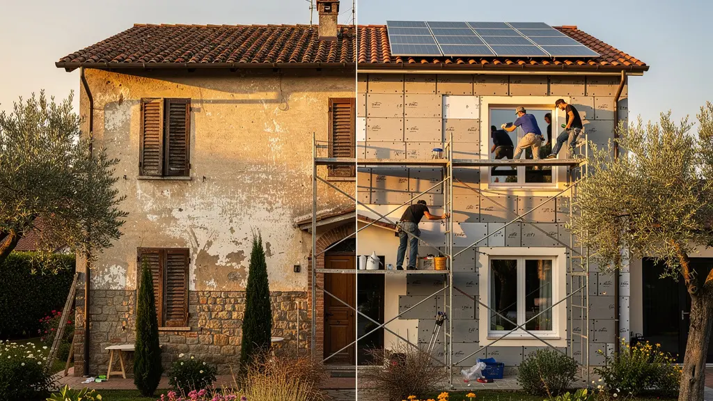Vista esterna di una casa anni '70 in fase di ristrutturazione energetica con cappotto termico e pannelli solari