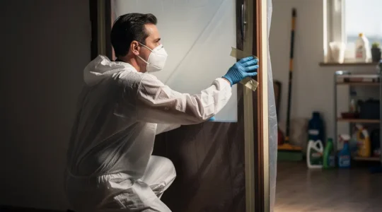 Scena domestica con persona in tuta protettiva che sigilla una porta durante infestazione parassiti