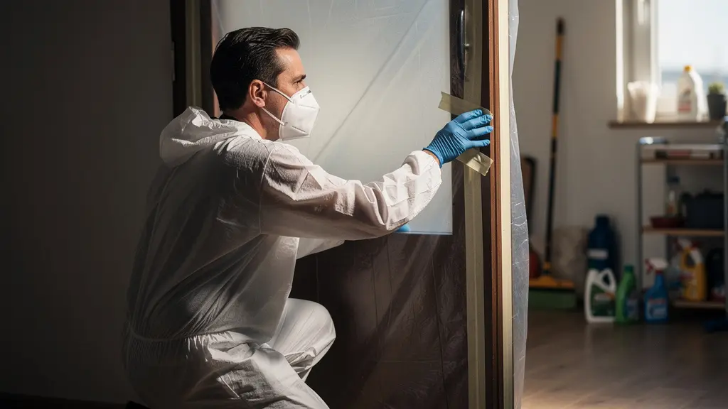 Scena domestica con persona in tuta protettiva che sigilla una porta durante infestazione parassiti