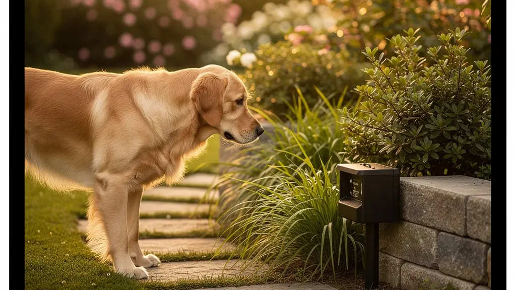 Giardino residenziale con cane curioso vicino a erogatore di sicurezza chiuso per rodenticidi, ambiente domestico sicuro