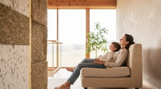 Famiglia serena in casa luminosa costruita con materiali naturali, aria pulita e ambiente sano