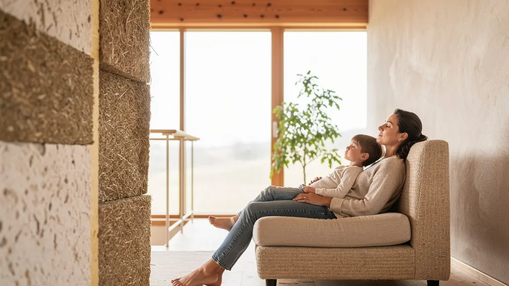 Famiglia serena in casa luminosa costruita con materiali naturali, aria pulita e ambiente sano