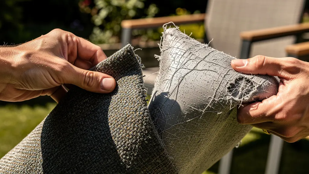 Confronto visivo tra fibre sintetiche di qualità, integre e brillanti, e fibre economiche, sbiadite e screpolate dopo esposizione solare.