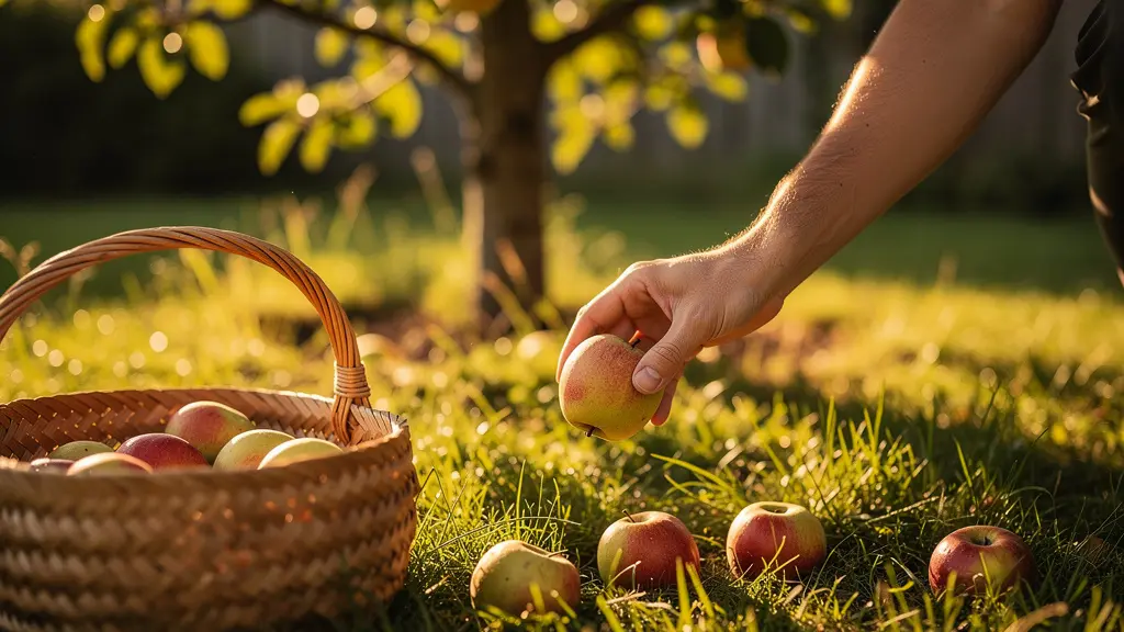 Frutta matura caduta sotto un albero nel giardino in fase di fermentazione
