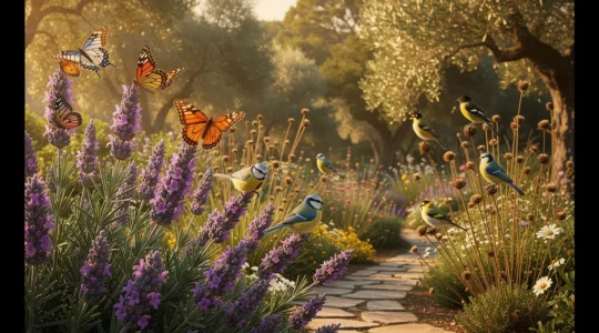 Giardino naturale con piante autoctone che attira farfalle colorate e uccelli selvatici