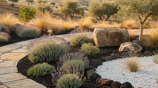 Giardino mediterraneo con piante xerofile e pacciamatura minerale in piena estate