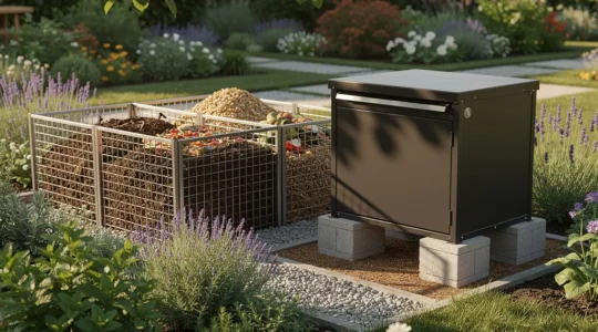 Vista di una compostiera da giardino ben gestita con barriera protettiva contro i roditori