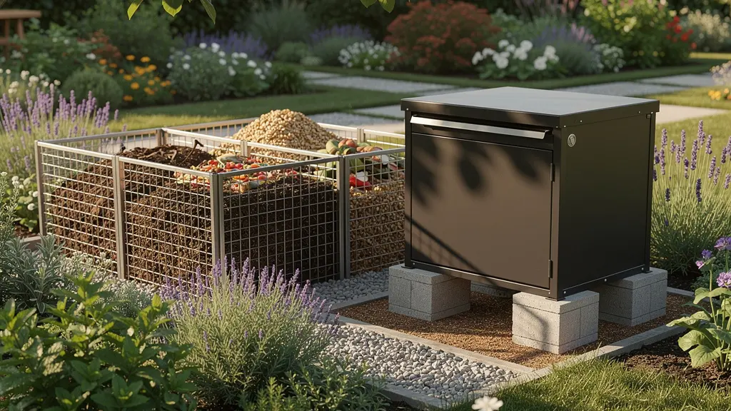 Vista di una compostiera da giardino ben gestita con barriera protettiva contro i roditori
