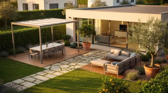 Vista aerea di un giardino moderno ben progettato con zone funzionali che aumenta il valore della casa